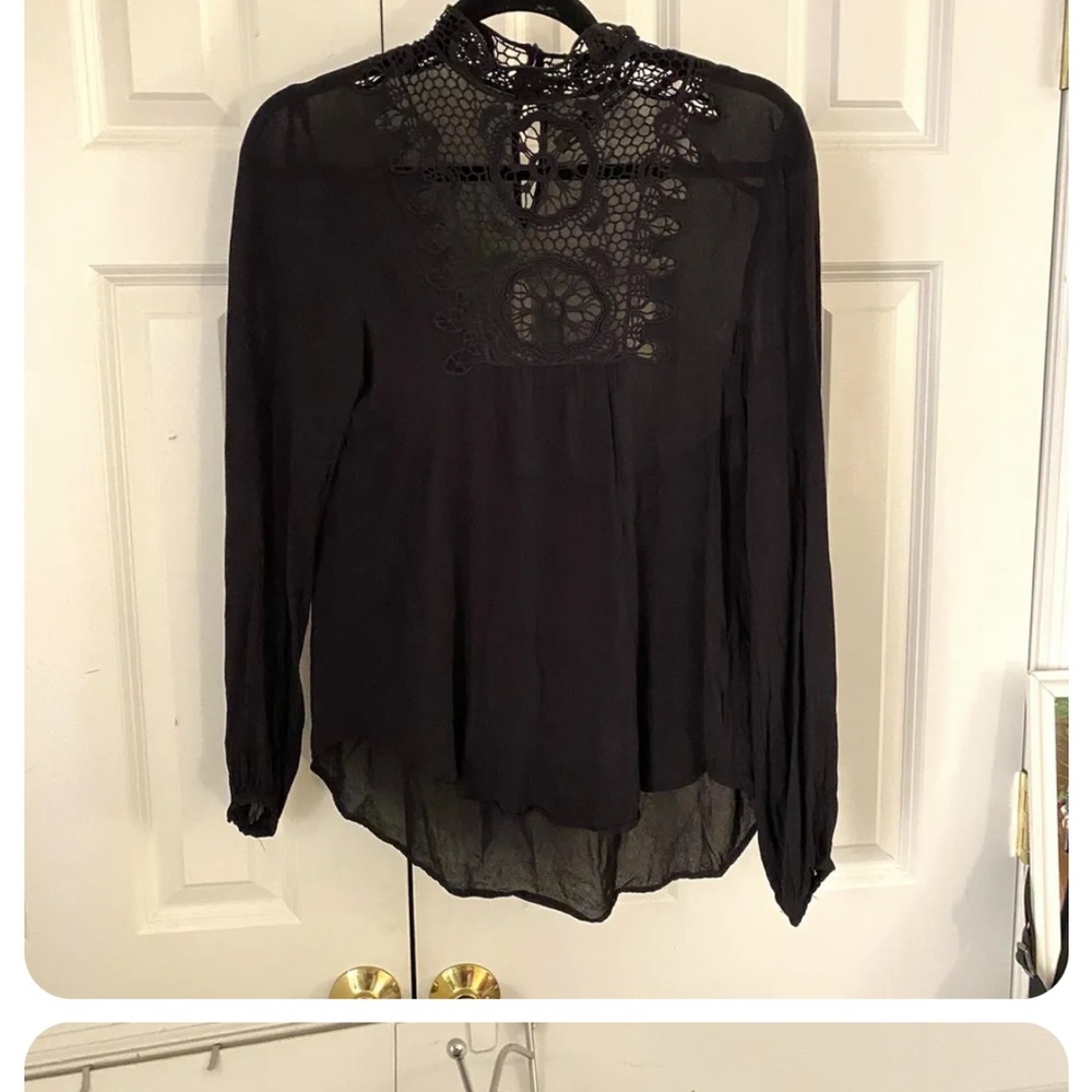 NWT Zara Black High Neck Lace Inset Peasant Blouse
